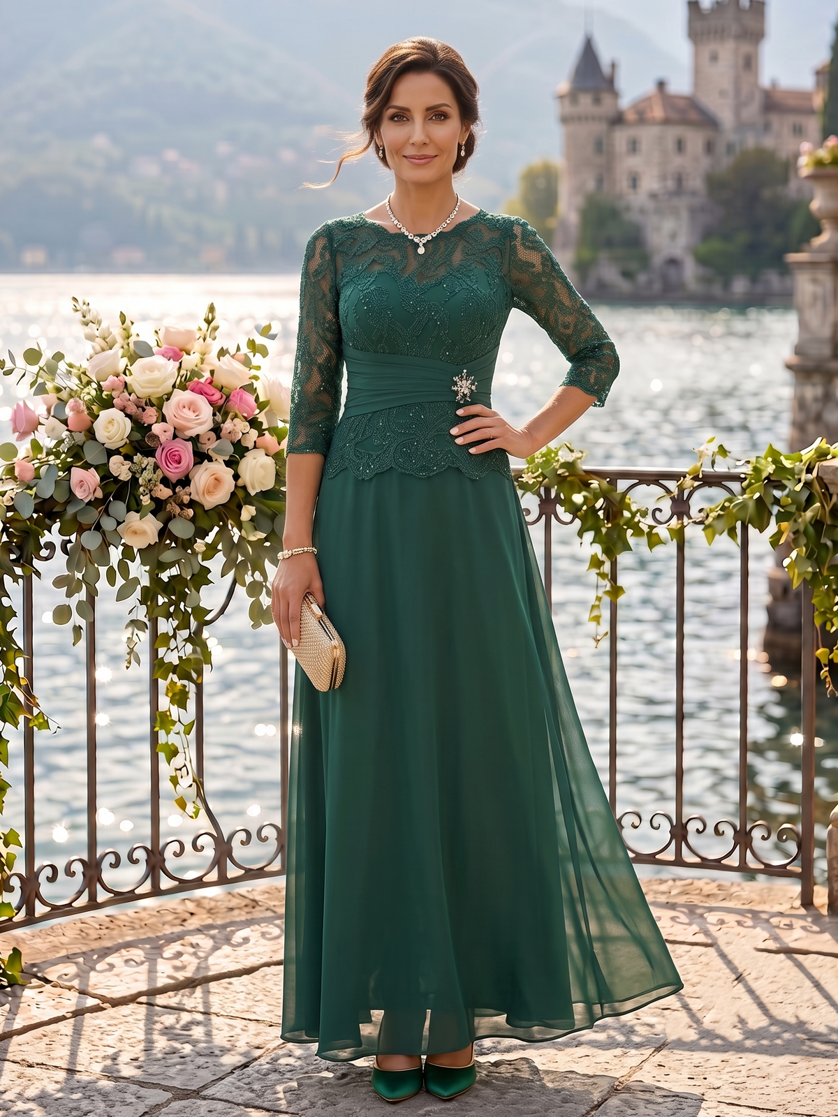 Lace A Line 3/4 Sleeves Round Neck Long Mother of the Bride Dresses