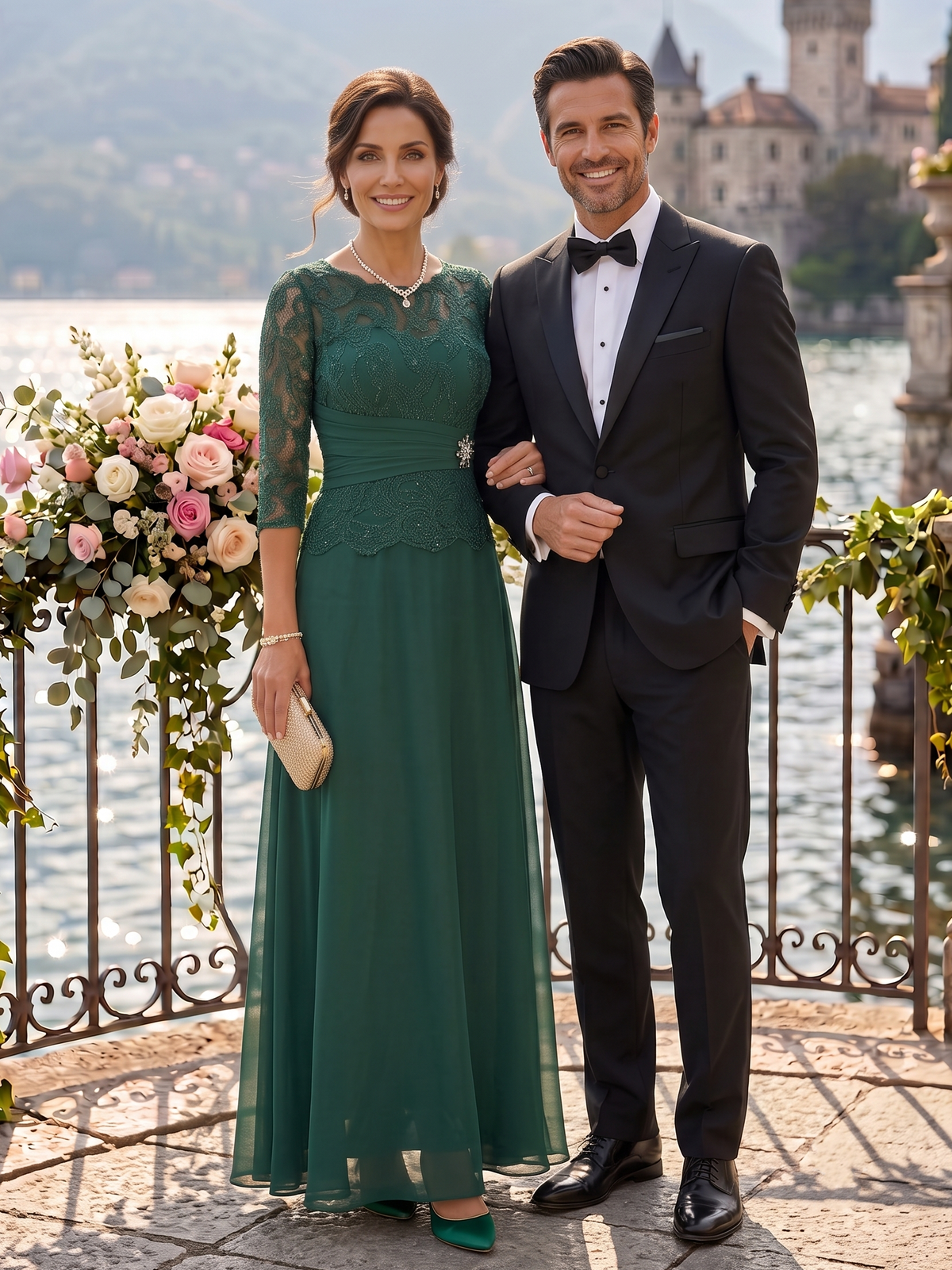Lace A Line 3/4 Sleeves Round Neck Long Mother of the Bride Dresses