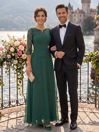 Lace A Line 3/4 Sleeves Round Neck Long Mother of the Bride Dresses