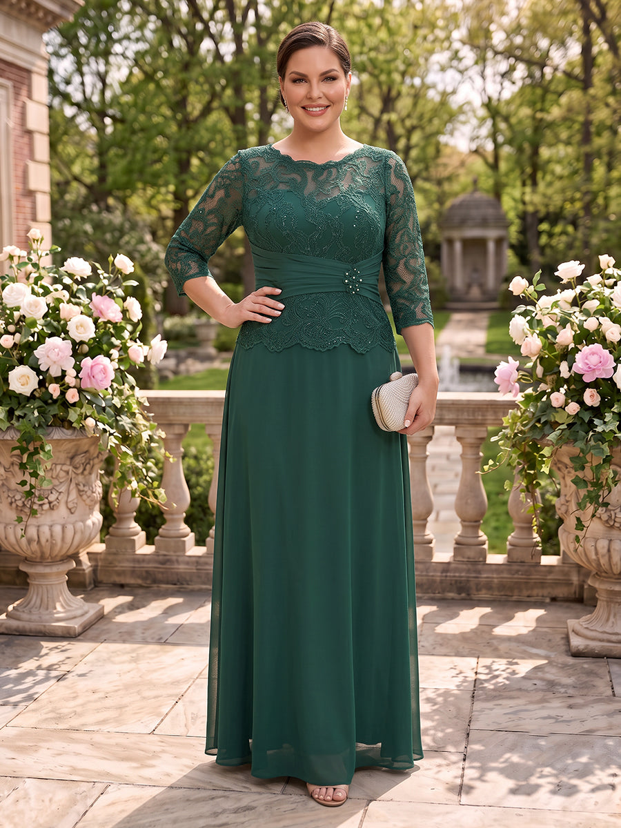 Plus Size Lace A Line 3/4 Sleeves Round Neck Long Mother of the Bride Dresses