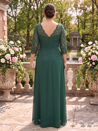Plus Size Lace A Line 3/4 Sleeves Round Neck Long Mother of the Bride Dresses