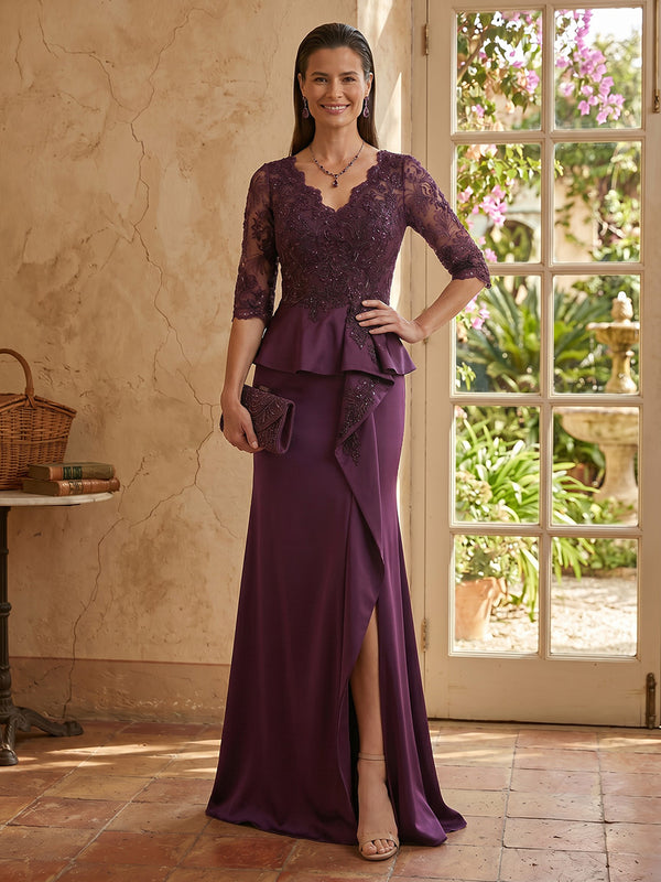 Lace Mermaid 3/4 Sleeves V Neck Long Mother of the Bride Dresses with Ruffles