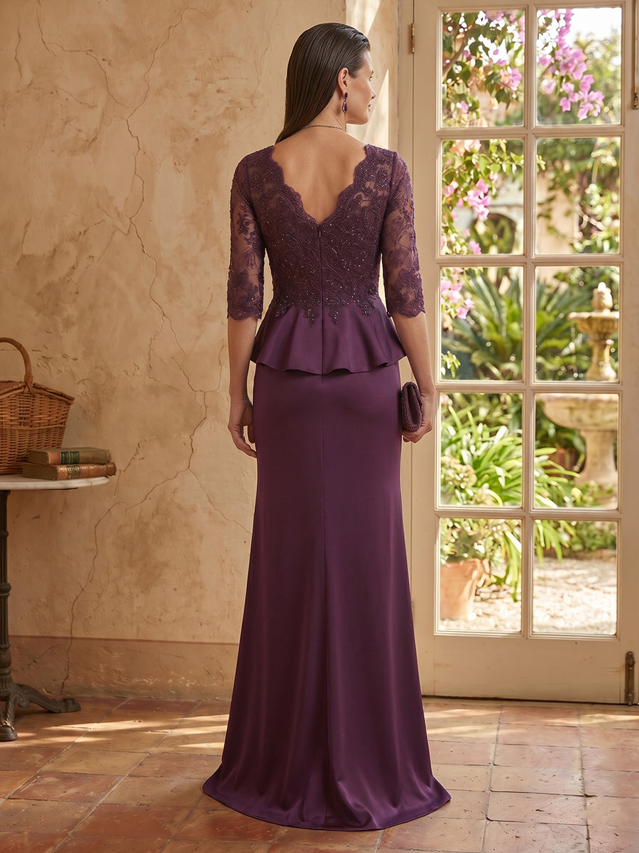 Lace Mermaid 3/4 Sleeves V Neck Long Mother of the Bride Dresses with Ruffles