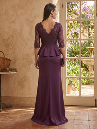 Lace Mermaid 3/4 Sleeves V Neck Long Mother of the Bride Dresses with Ruffles
