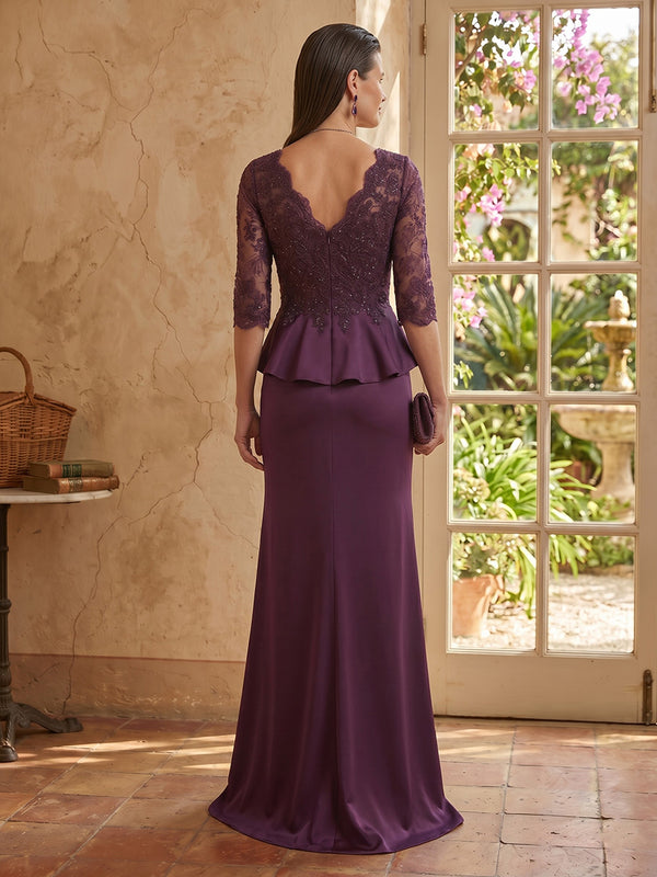 Lace Mermaid 3/4 Sleeves V Neck Long Mother of the Bride Dresses with Ruffles
