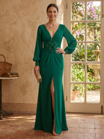 Chiffon Mermaid Long Sleeves V Neck Long Mother of the Bride Dresses with Slit