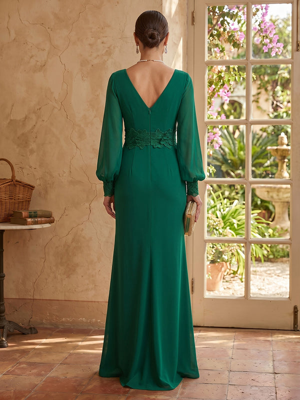 Chiffon Mermaid Long Sleeves V Neck Long Mother of the Bride Dresses with Slit