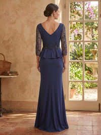 Satin Mermaid 3/4 Sleeves V Neck Long Mother of the Bride Dresses