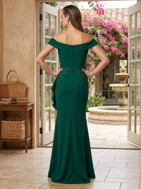 Satin Mermaid Off Shoulder V Neck Long Mother of the Bride Dresses with Ruffles