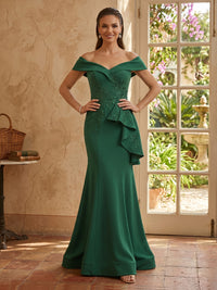 Satin Mermaid Off Shoulder V Neck Long Mother of the Bride Dresses with Ruffles