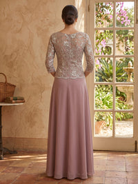 Lace A Line 3/4 Sleeves Round Neck Long Mother of the Bride Dresses