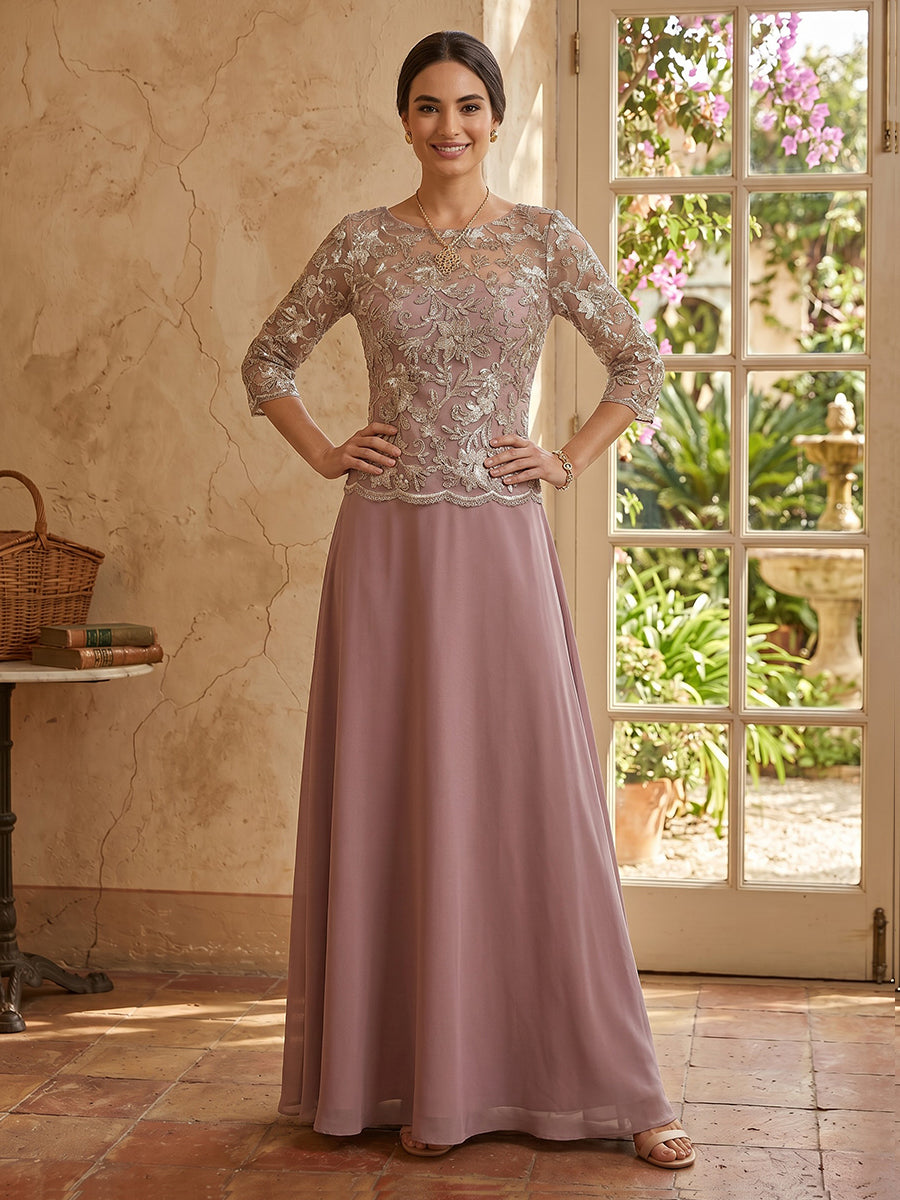 Lace A Line 3/4 Sleeves Round Neck Long Mother of the Bride Dresses