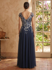 Lace A Line Cap Sleeves V Neck Long Mother of the Bride Dresses