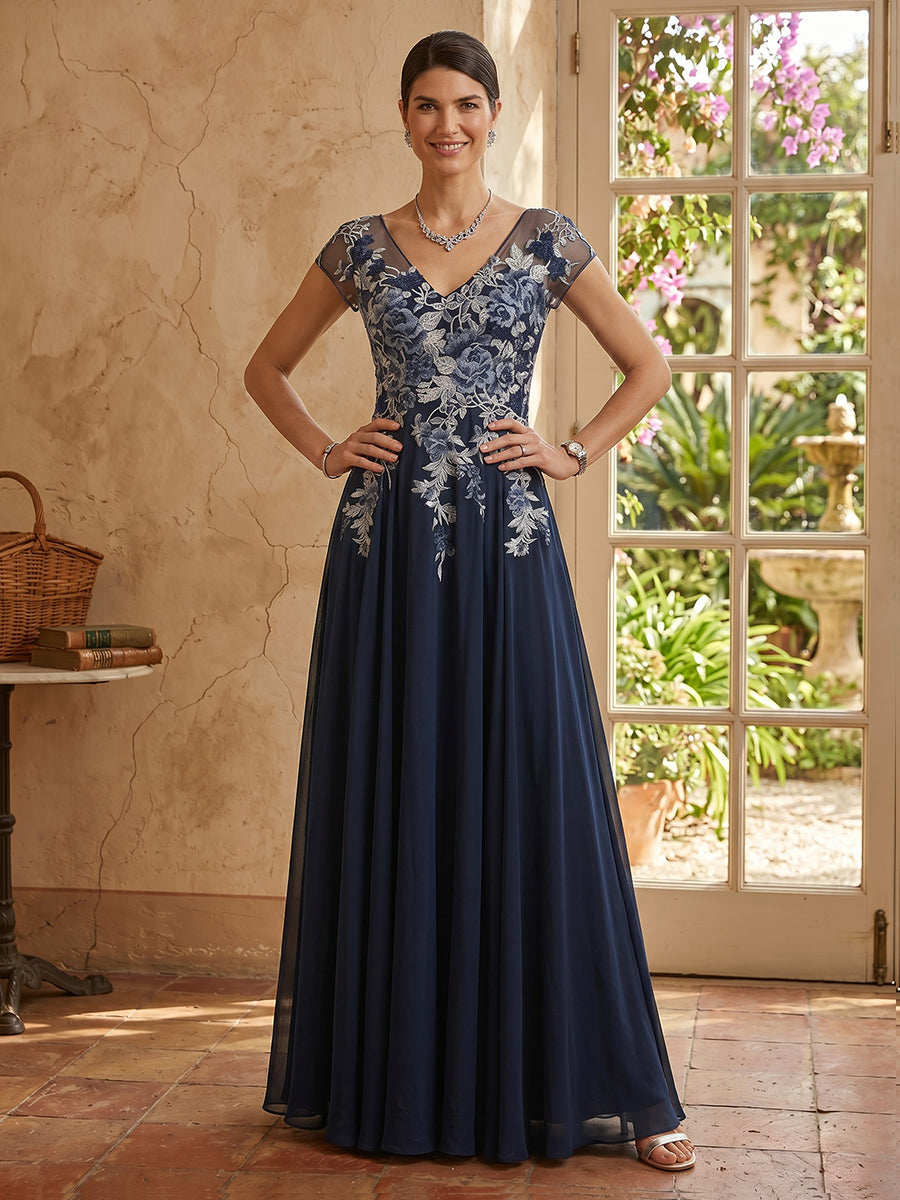 Lace A Line Cap Sleeves V Neck Long Mother of the Bride Dresses