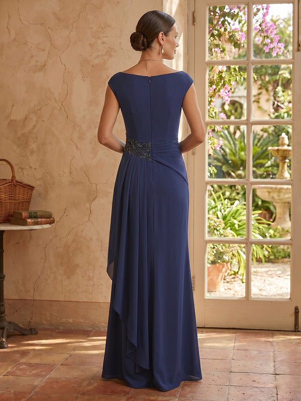 Chiffon A Line Boat Neck Sleeveless Long Mother of the Bride Dresses