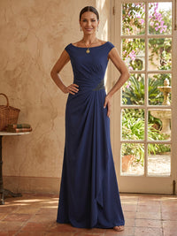 Chiffon A Line Boat Neck Sleeveless Long Mother of the Bride Dresses