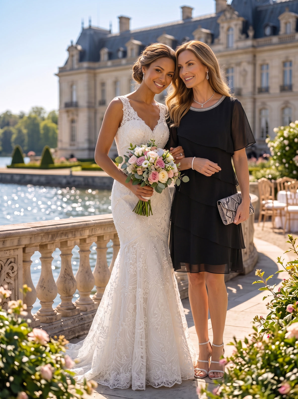 Chiffon A Line Tiered Round Neck Short Sleeves Midi Mother of the Bride Dresses