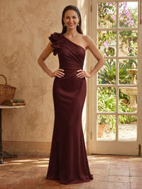 Mermaid One Shoulder Sleeveless Long Mother of the Bride Dresses with Flower