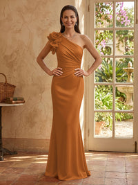 Mermaid One Shoulder Sleeveless Long Mother of the Bride Dresses with Flower