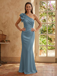 Mermaid One Shoulder Sleeveless Long Mother of the Bride Dresses with Flower