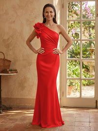 Mermaid One Shoulder Sleeveless Long Mother of the Bride Dresses with Flower