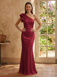 Mermaid One Shoulder Sleeveless Long Mother of the Bride Dresses with Flower