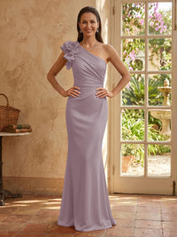 Mermaid One Shoulder Sleeveless Long Mother of the Bride Dresses with Flower