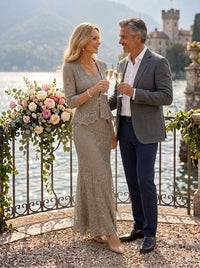 Mermaid Square Neck 3/4 Sleeves Long Mother of the Bride Dresses with Jacket
