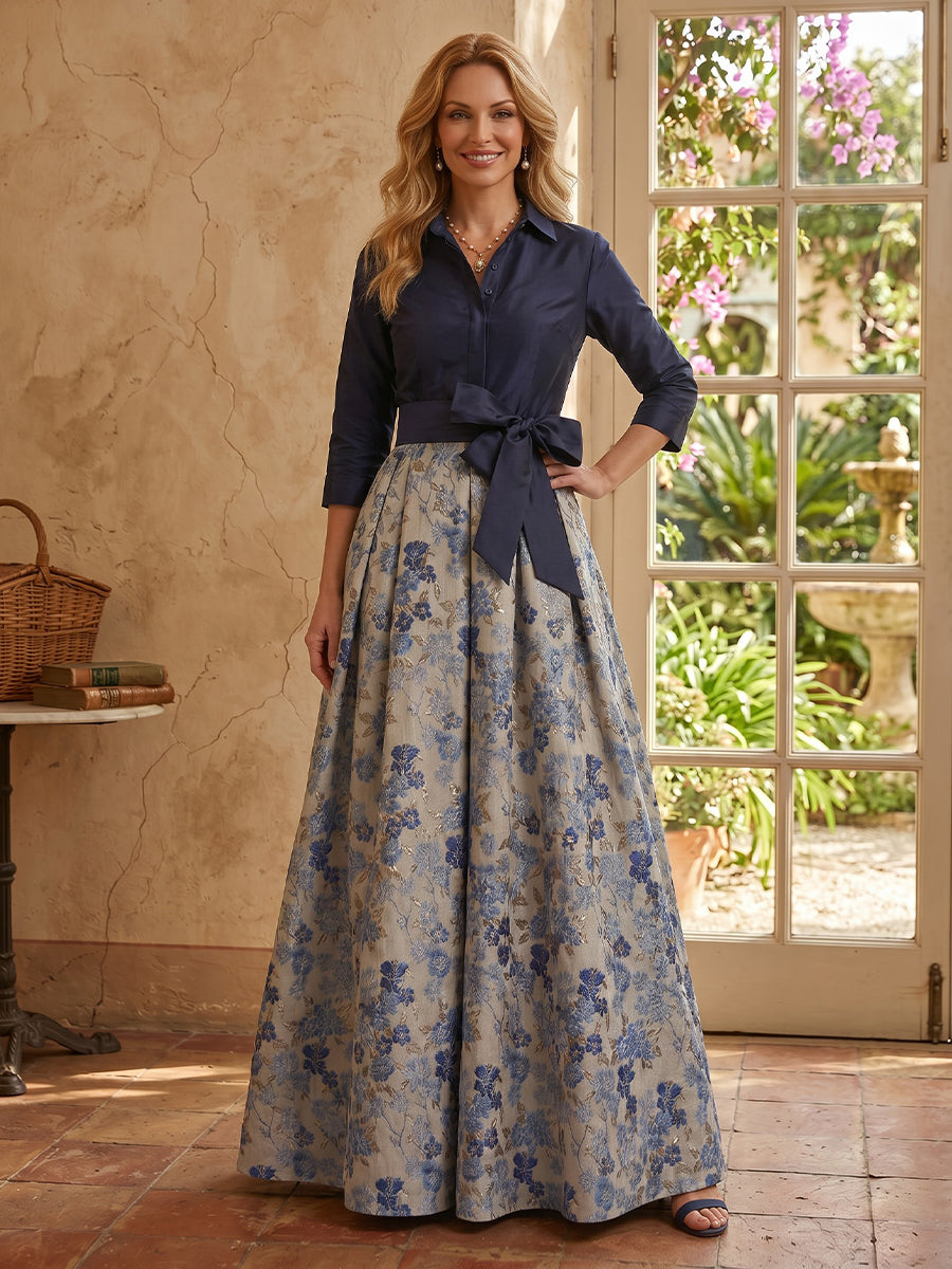 A Line V Neck 3/4 Sleeves Long Mother of the Bride Dresses with Bow