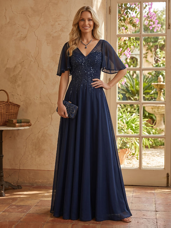 A Line Beading V Neck Short Sleeves Mother of the Bride Dresses