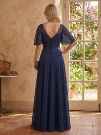 A Line Beading V Neck Short Sleeves Mother of the Bride Dresses