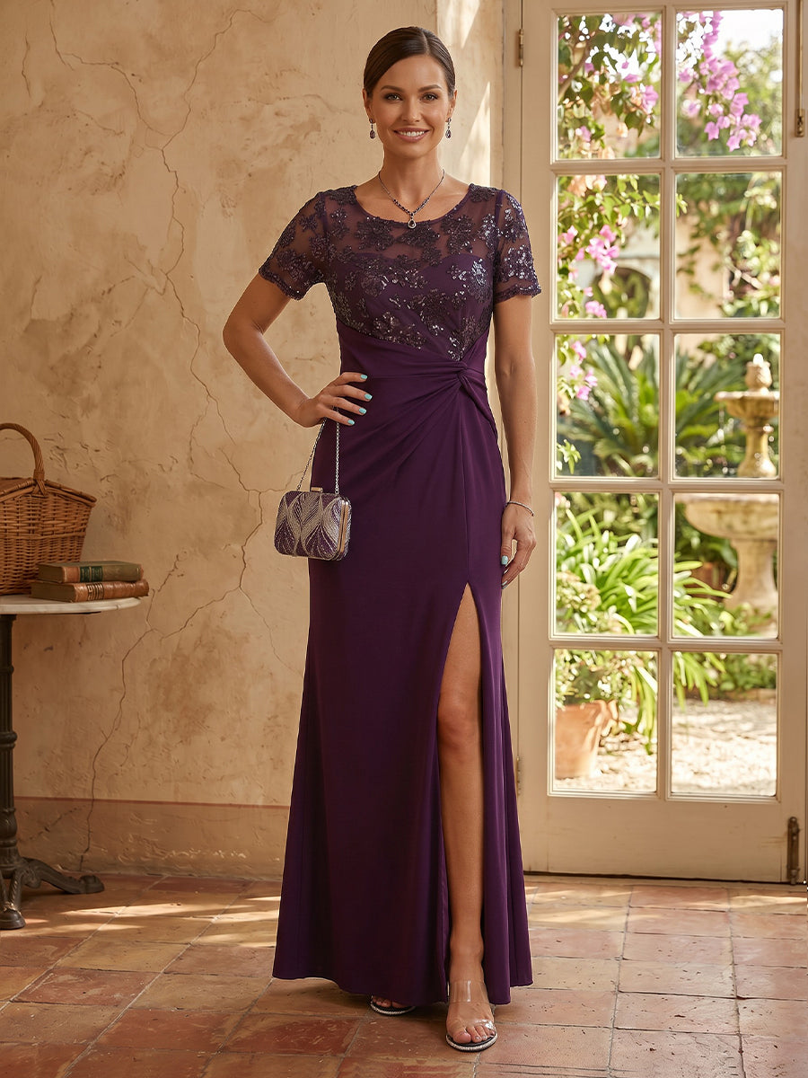 A Line Round Neck Short Sleeves Mother of the Bride Dresses with Slit