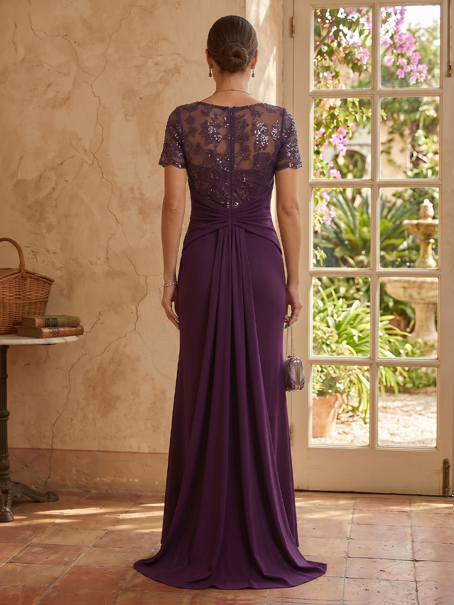 A Line Round Neck Short Sleeves Mother of the Bride Dresses with Slit