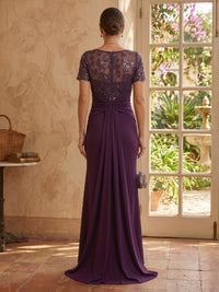 A Line Round Neck Short Sleeves Mother of the Bride Dresses with Slit