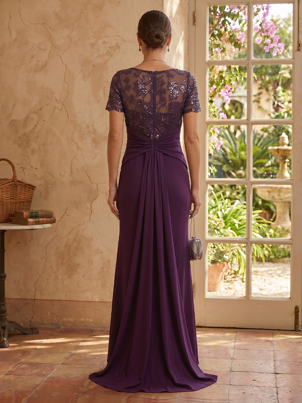 A Line Round Neck Short Sleeves Mother of the Bride Dresses with Slit
