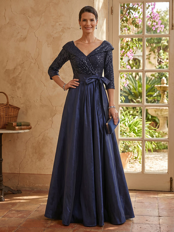 A Line V Neck 3/4 Sleeves Mother of the Bride Dresses with Bow