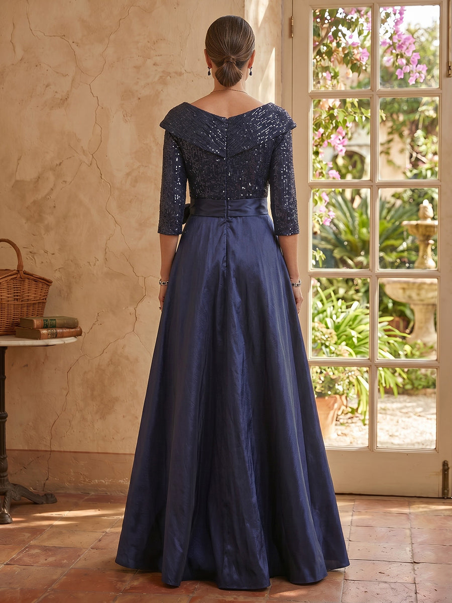 A Line V Neck 3/4 Sleeves Mother of the Bride Dresses with Bow