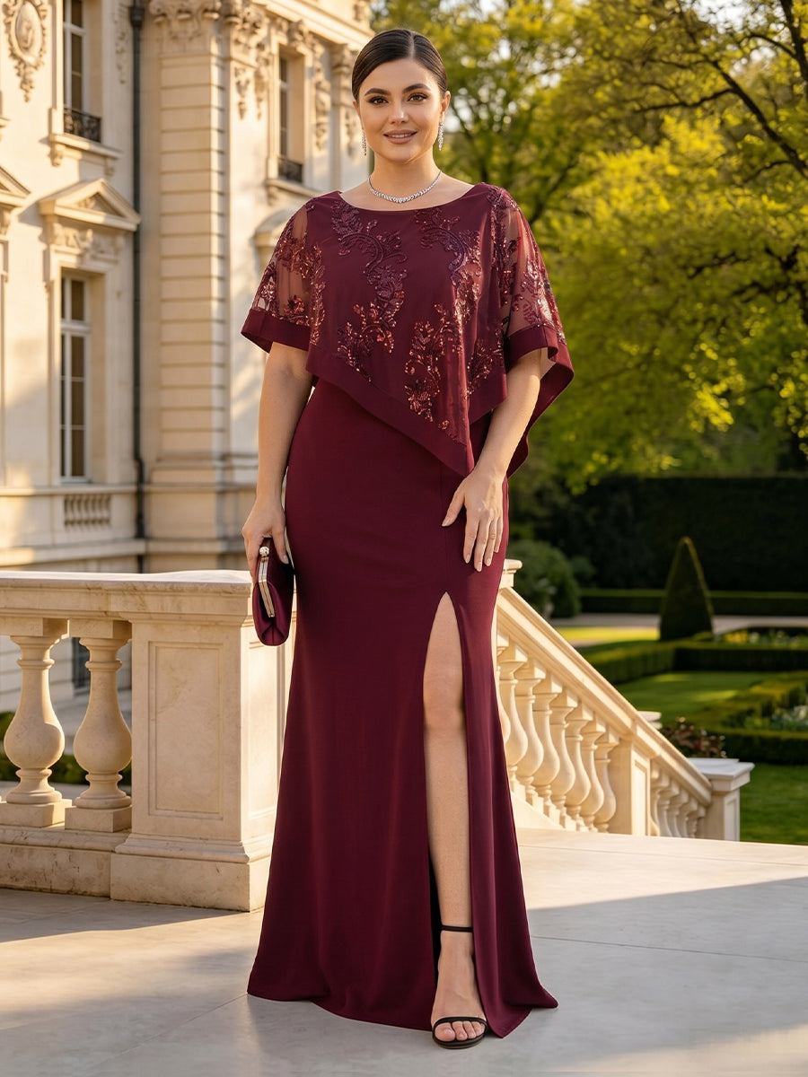 Satin Round Neck Sleeveless Mermaid Long Mother of the Bride Dresses with Cape