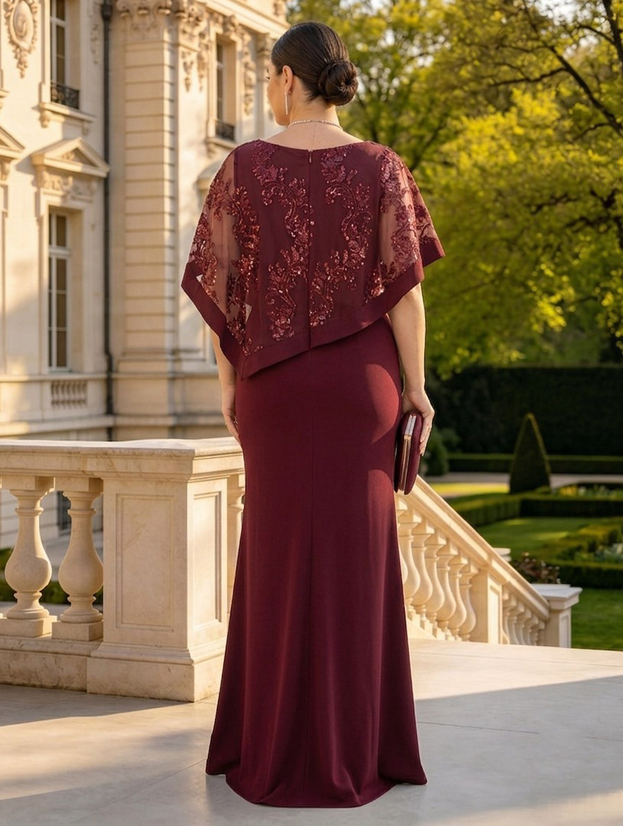Satin Round Neck Sleeveless Mermaid Long Mother of the Bride Dresses with Cape