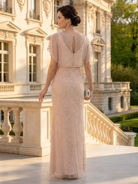 Tulle V Neck A Line Short Sleeves Long Mother of the Bride Dresses