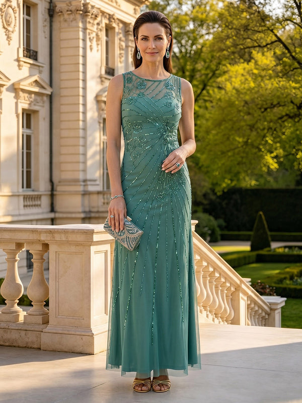 Lace Sequin Mermaid Sleeveless Round Neck Long Mother of the Bride Dresses