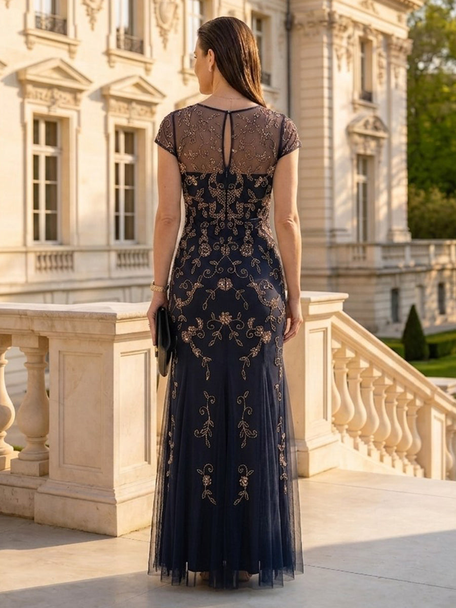 Lace Short Sleeves A Line Round Neck Long Mother of the Bride Dresses