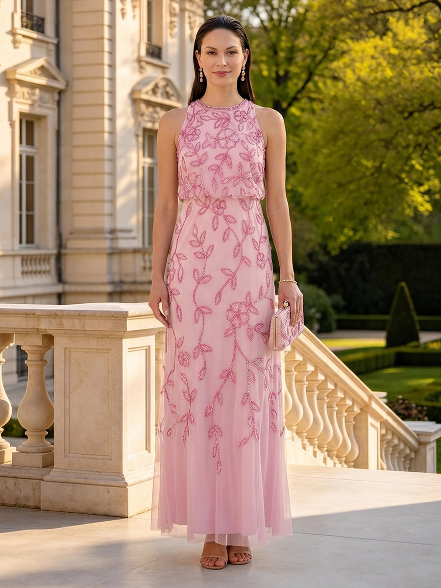 Lace Sequin Sleeveless Halter Long Mother of the Bride Dresses
