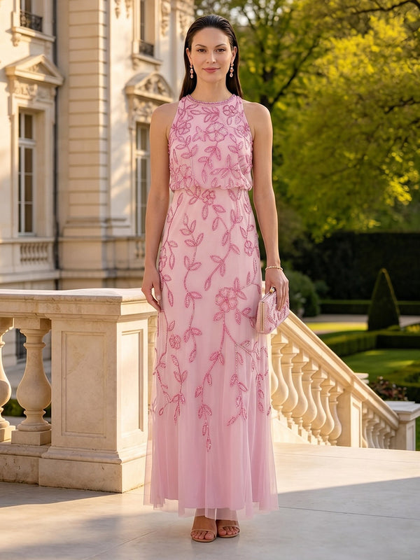 Lace Sequin Sleeveless Halter Long Mother of the Bride Dresses