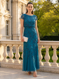 Lace Sequin A Line Round Neck Short Sleeves Long Mother of the Bride Dresses