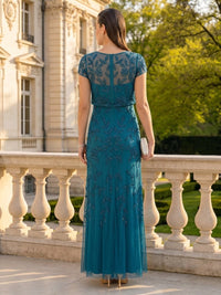 Lace Sequin A Line Round Neck Short Sleeves Long Mother of the Bride Dresses
