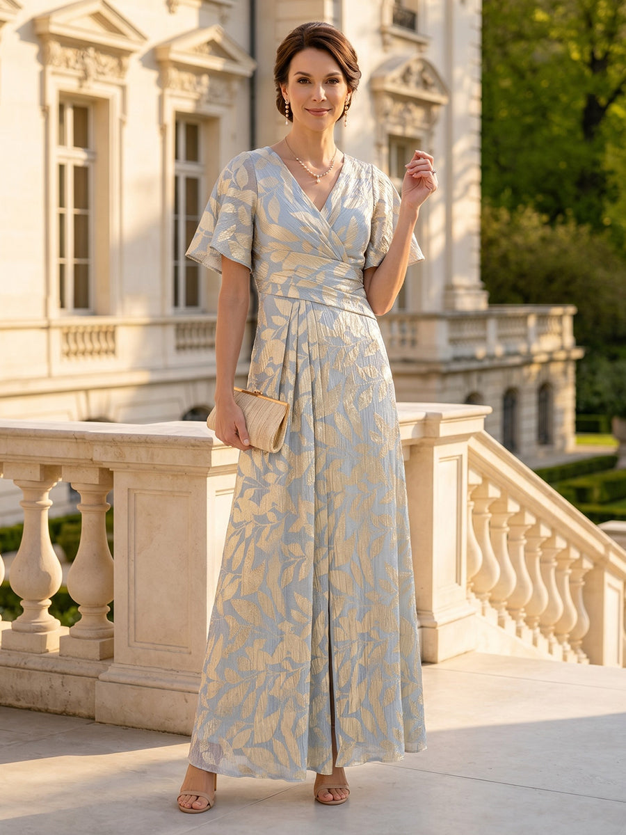 Jacquard V Neck Short Sleeves A Line Long Mother of the Bride Dresses