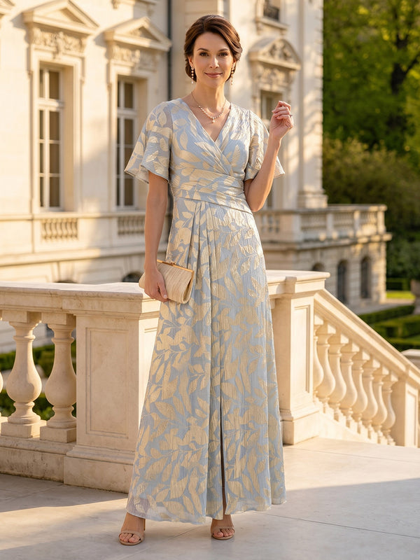 Jacquard V Neck Short Sleeves A Line Long Mother of the Bride Dresses