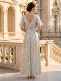 Jacquard V Neck Short Sleeves A Line Long Mother of the Bride Dresses