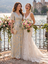 Jacquard V Neck Short Sleeves A Line Long Mother of the Bride Dresses